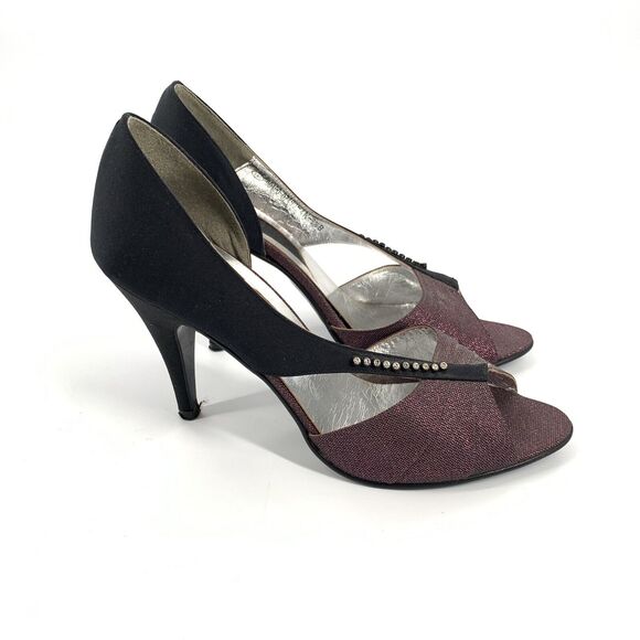 Vintage 1980s Stuart Weitzman High Heels Peep Toe Made in Italy 6.5 Purple Black - Picture 1 of 11